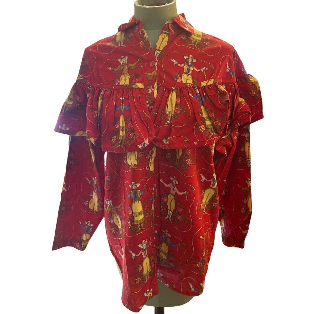 CONVERSATION PIECES Adorable Shirt Small Red Blonde and Brunette COWGIRLS NWOT